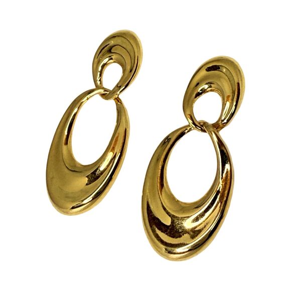 Gold-Tone Large Door Knocker Hoop Earrings 2 1/8" Polished Pierced - Picture 3 of 11